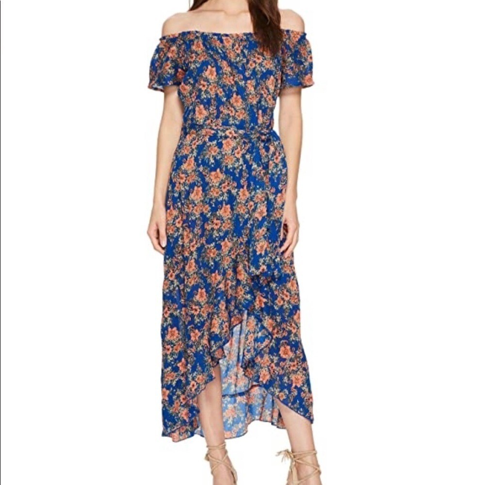 ONeill Womens Blue Floral Off Shoulder High Low Maxi Dress Summer Beach Boho M